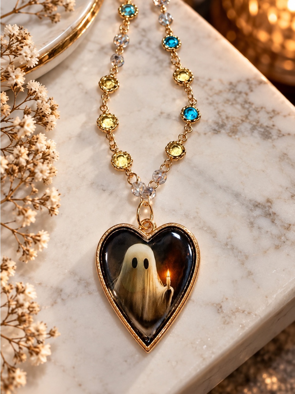 Gold Tone Heart Pendant Necklace with Ghost Motif - Multicolor Gem Accents